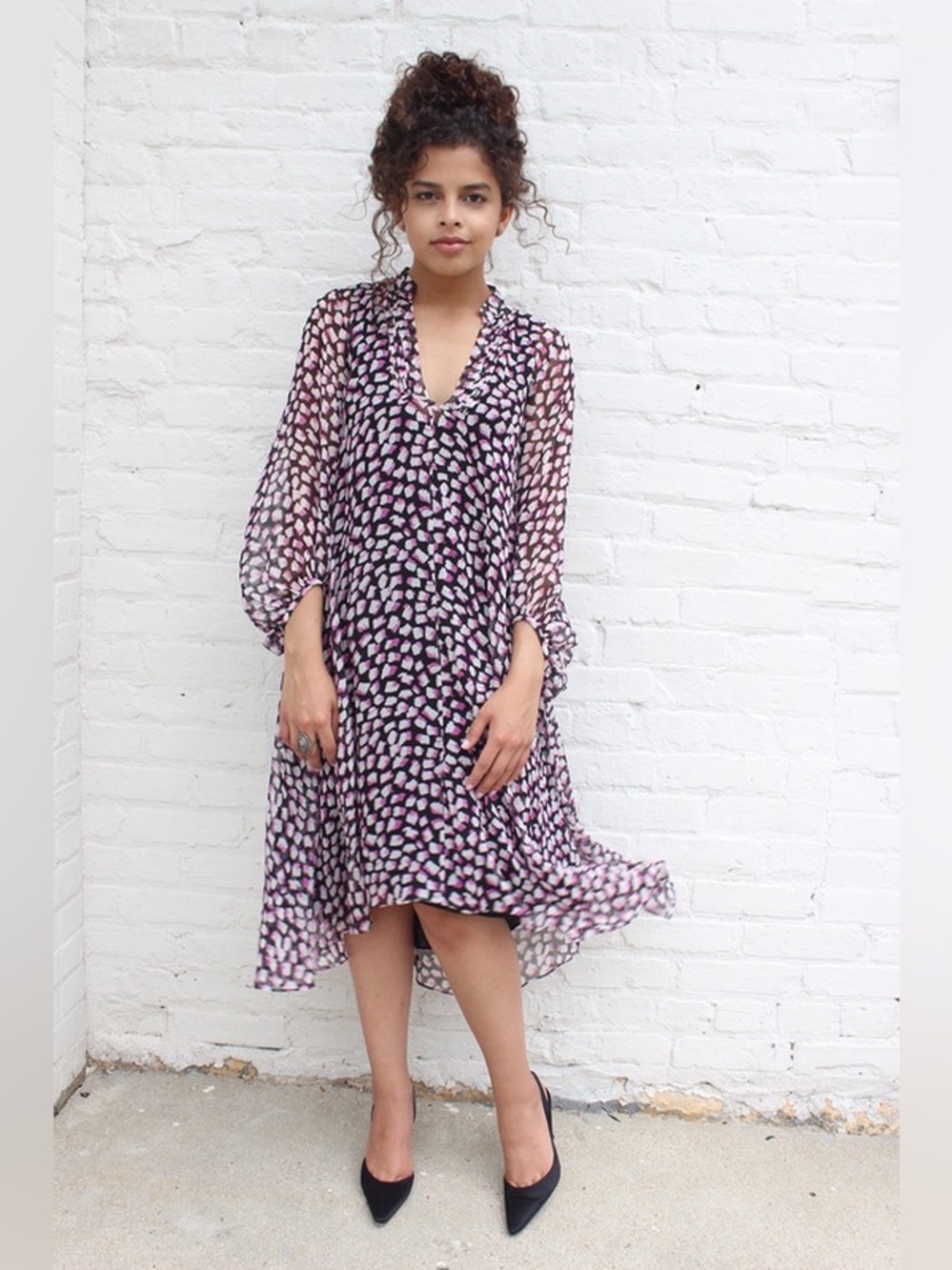 NWT Diane Von Furstenberg Pink and Black Printed V-Neck Sheer Midi Dress Silk 10